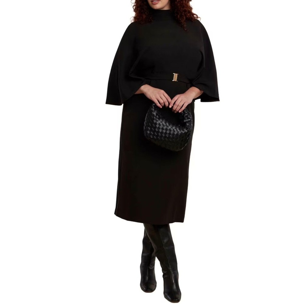 Eloquii Womens Cape Sleeve Midi Dress NWT Black Mock Neck Belted Chic Plus Sz 28